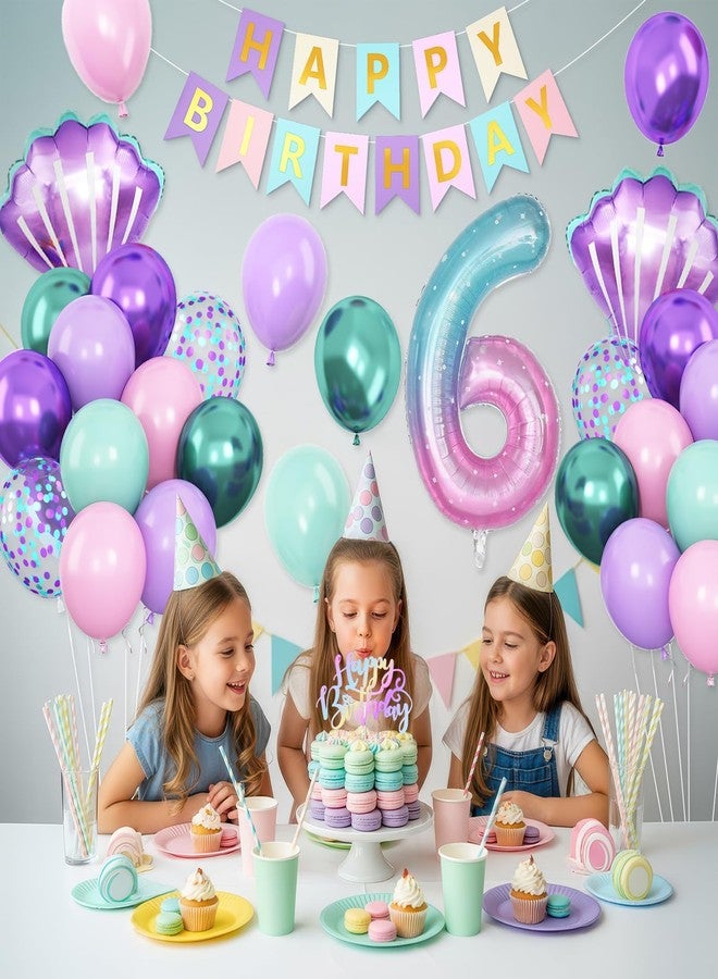 Vibzox 6th Mermaid Birthday Decoration for Girls,Pink Purple Green 6th Birthday Balloon Number 6 Seashell Foil Balloons Banner Mermaid Sea Party Decor Supplies for 6 Year Old - Image 3